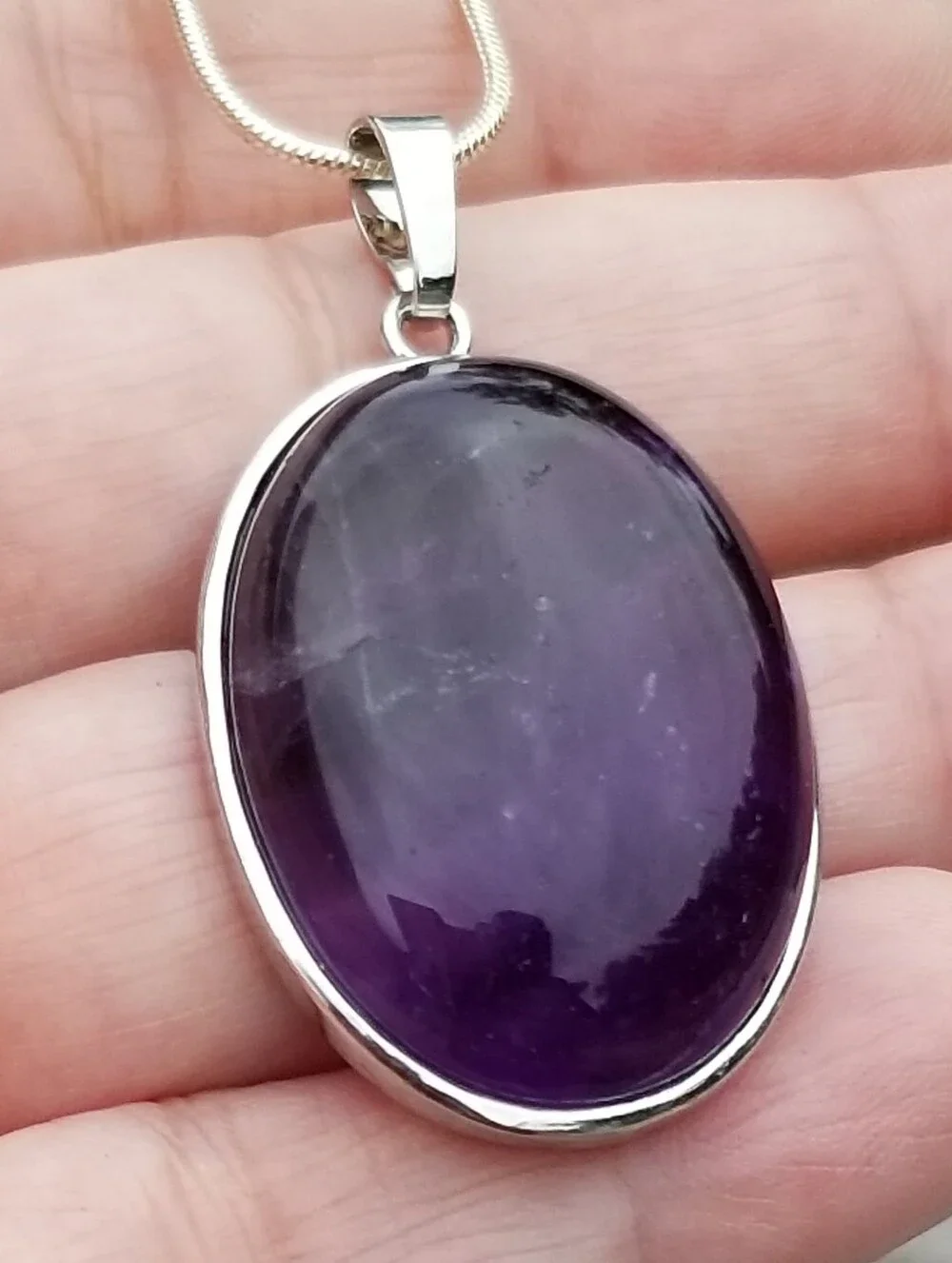 Sterling Silver Large Oval Amethyst Cabochon Pendant Necklace, Amethyst Jewelry